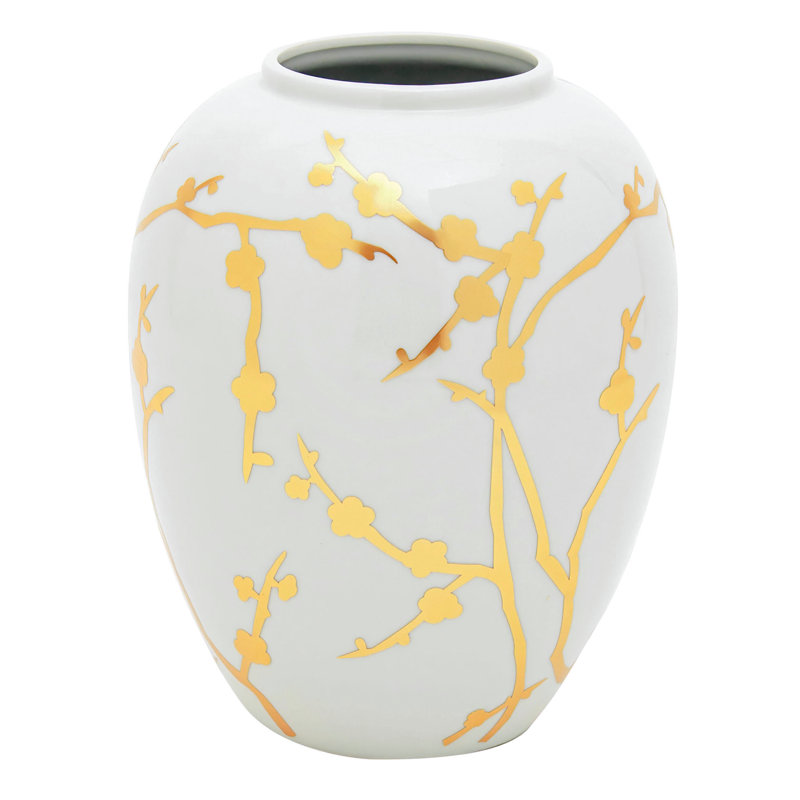 10" Gold Branches Vase, White