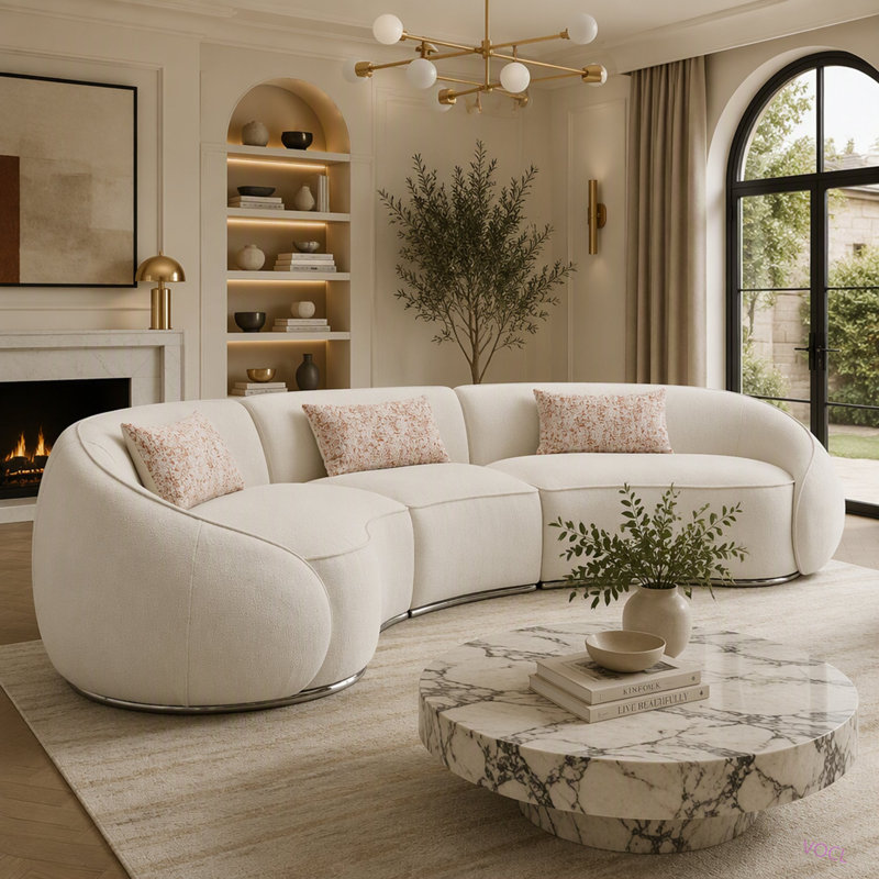 Boucle Sectional Sofa W/3 Pillows