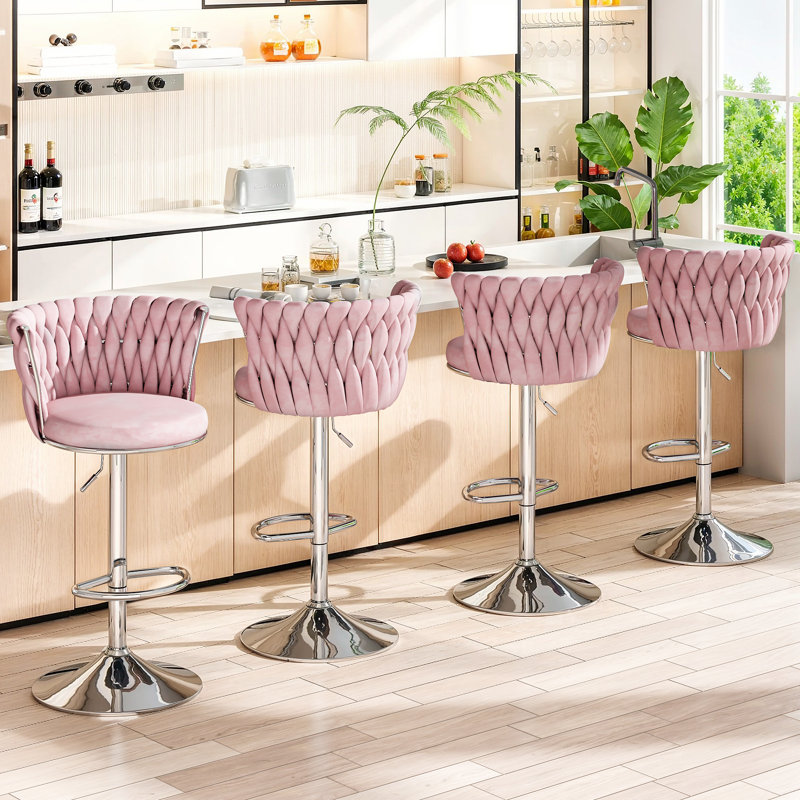 2-Piece Of Pink Bar Chairs: Woven Design Backrest, Adjustable Height, 360 Degree Rotation, Stable Footrest, Circular Metal Base