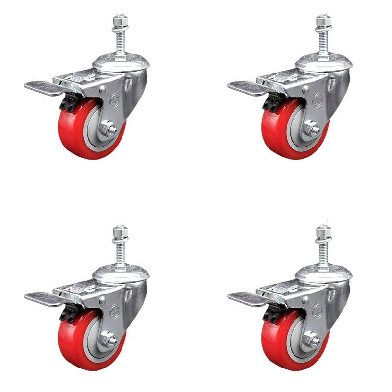 3.5 Inch SS Polyurethane 3/8 Inch Threaded Stem Caster Set Total Lock Brake, Red