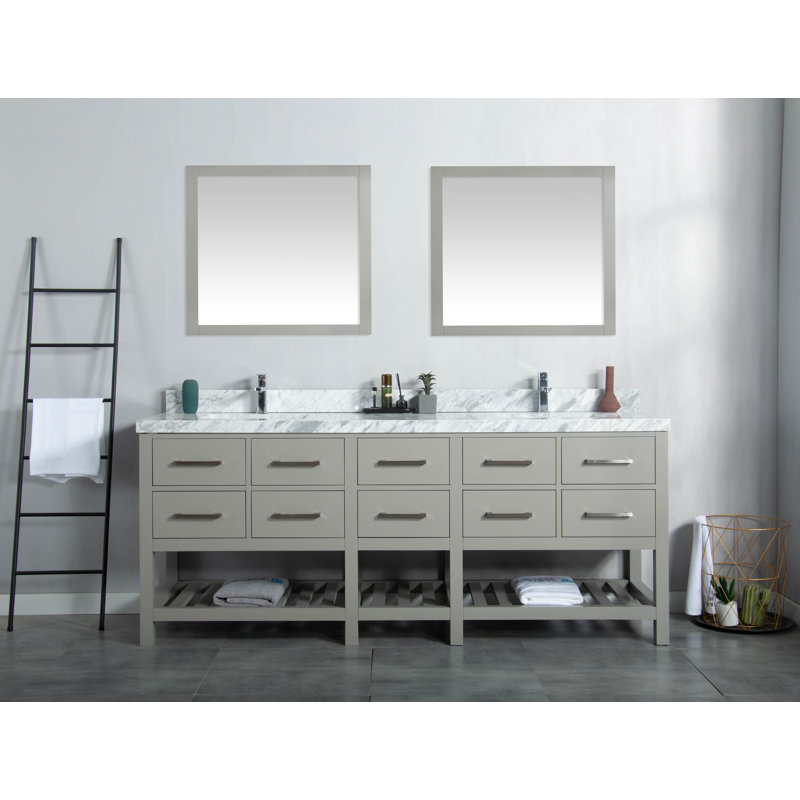 Meuble-lavabo double 84 x 22 Santa Fe en vert avec 2 comptoirs Calacatta, Nickel brossé, Gris, Calacatta