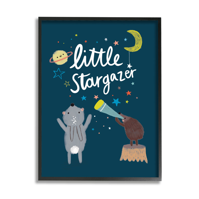 «Little Stargazer Kid's Forest Animals Under Night Sky» par - Art textuel, H 20 po x l 16 po, Cadre noir