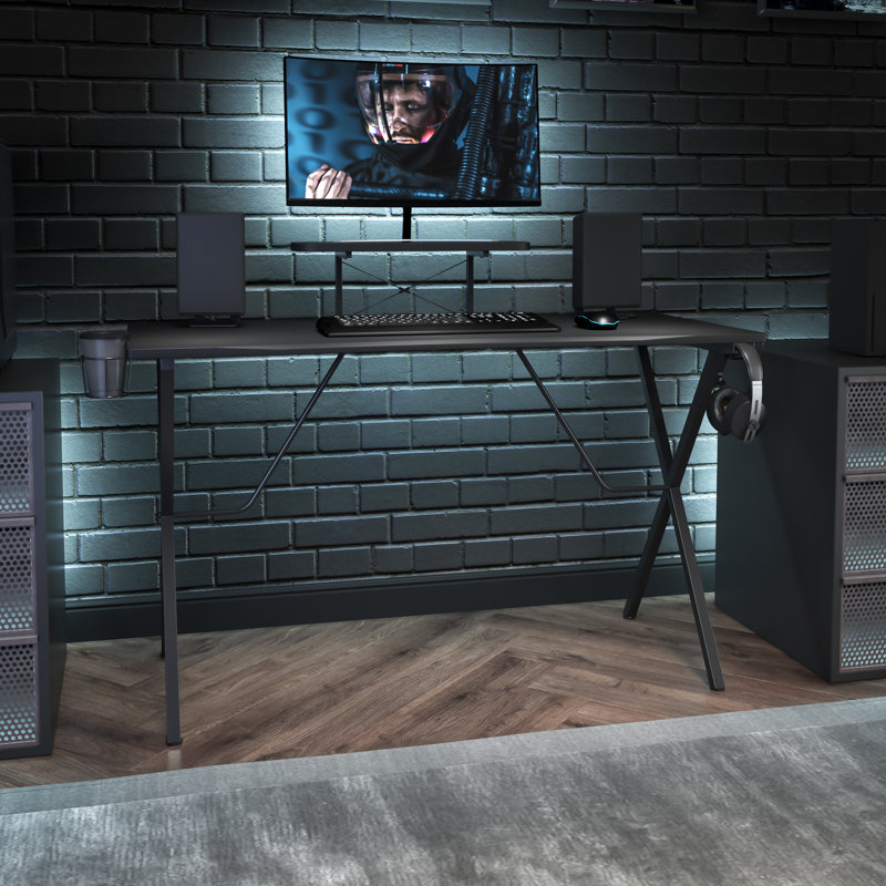 Bureau de jeu avec porte-gobelet, crochet pour casque d'écoute et support pour écran / téléphone intelligent, Noir