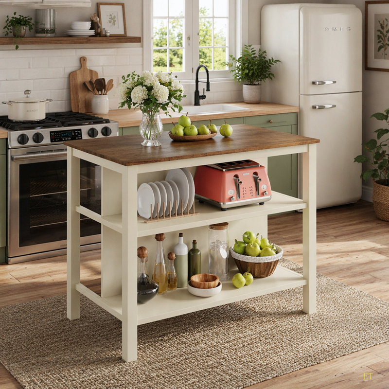 Îlot de cuisine 45 po en bois massif avec table de préparation en bois d'hévéa et 2 tablettes ouvertes pour petits espaces