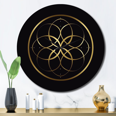 Sacred Geometry Seal in Gold on Black VIII - Modern Geometric Wall Clock