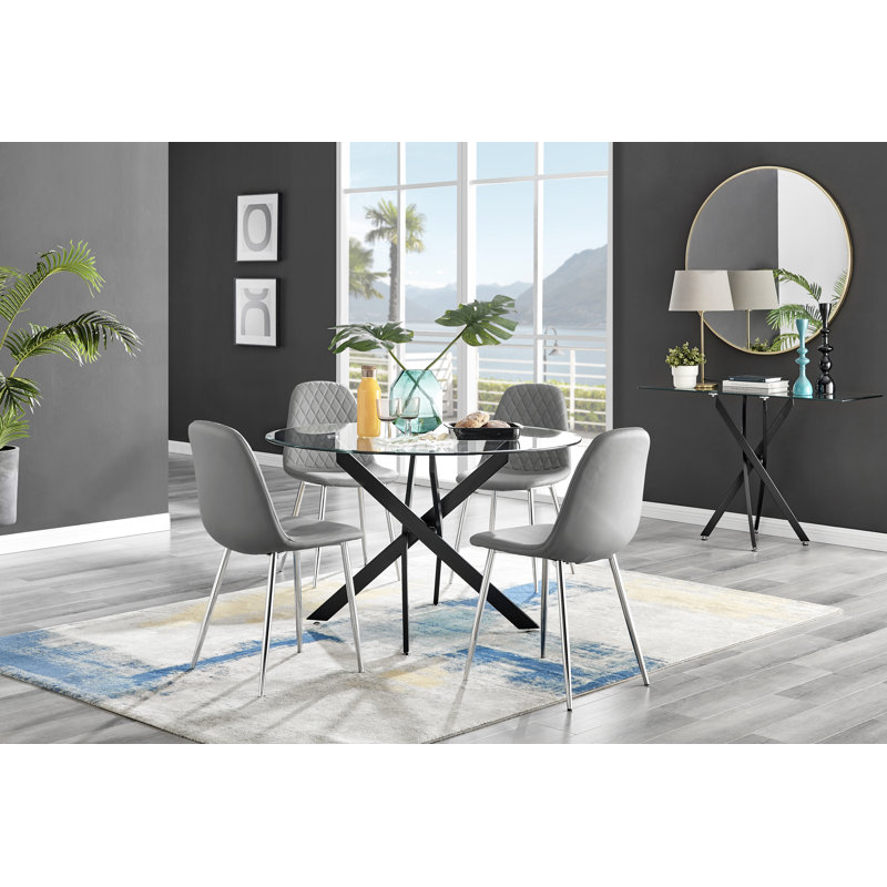 Tierra Modern Chrome Metal & Glass Round Dining Table Set with 4 Luxury Faux Leather Chairs, Grey/Silver