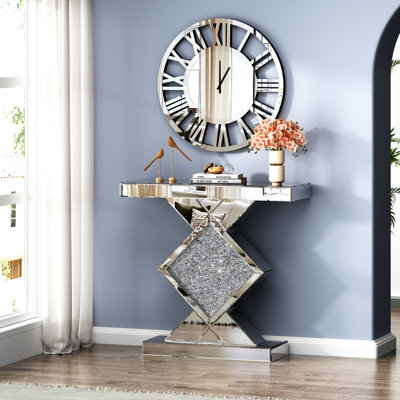Amla 31.5" Modern Mirrored Console Table and Glass Clock Set Ultra‑Modern Contemporary Glam Stylish