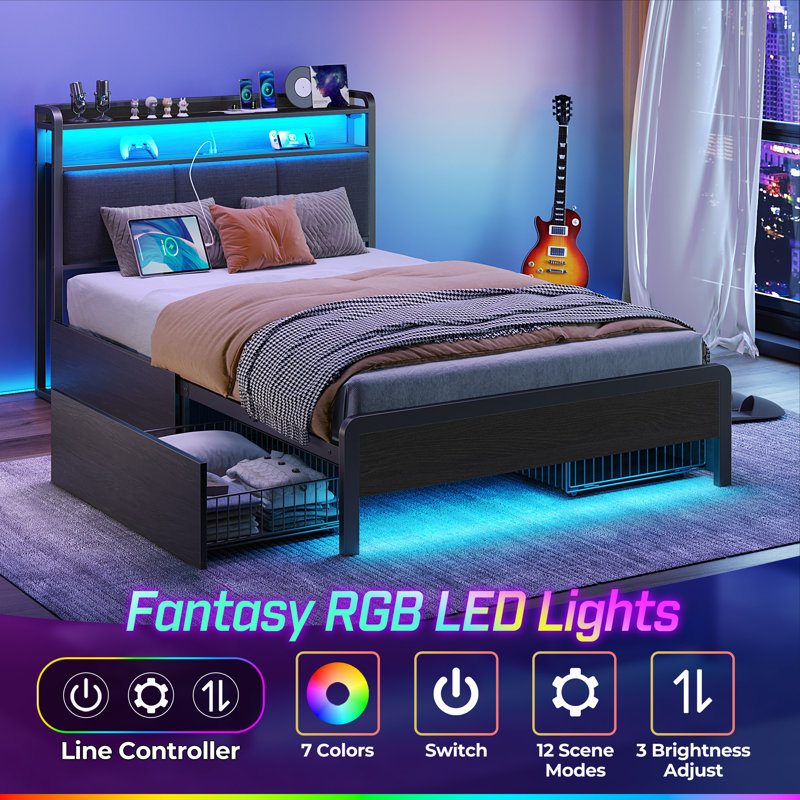 Franzi Bed with Storage Headboard, Bed Frame with 4 Storage Drawers, Charging Station and RGB  LED Lights