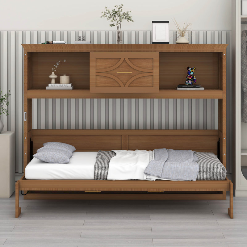 Lit escamotable simple avec station de charge et tiroir, Brun