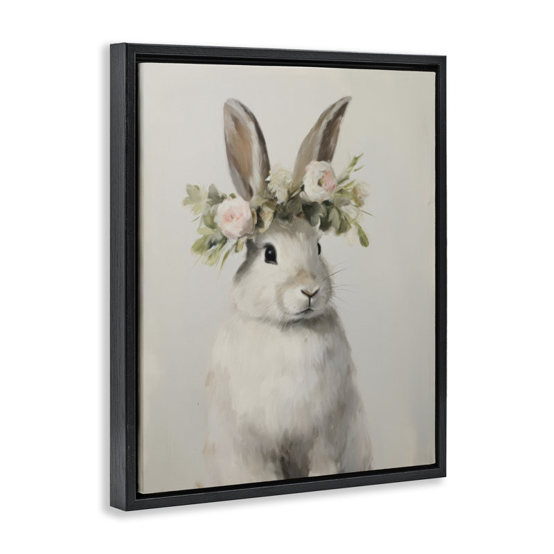 Art mural en toile White Bunny, Cadre flottant noir de jais, H 21 po x l 17 po