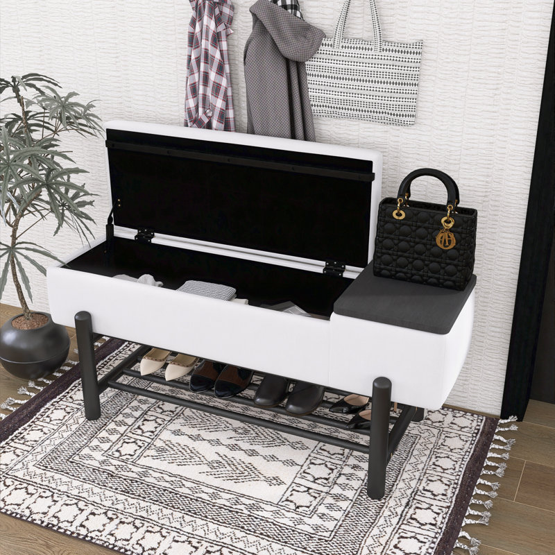 Farmhouse Upholstered Bench With Hidden Storage - Entryway & Living Room, Black