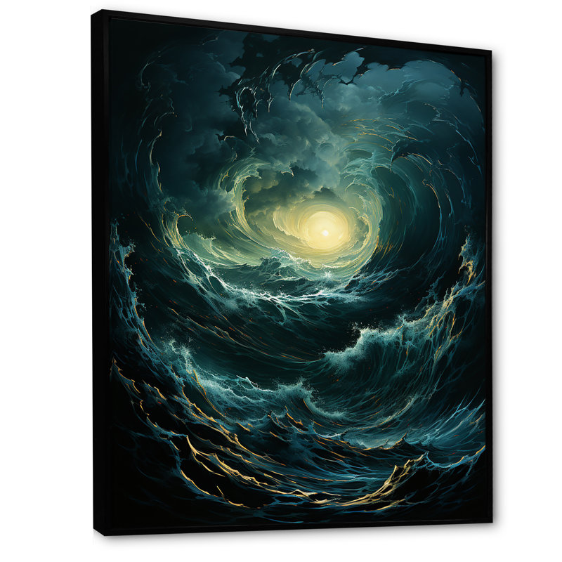 Privett " Blue Fury Waves Spiral ", Black Floater Framed Canvas, 32" H x 16" W x 1" D