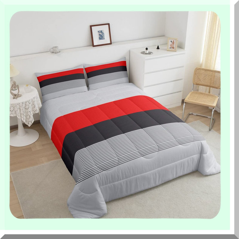 Ombre Stripes Comforter Set - Modern Abstract Art Duvet Insert with Red Patchwork Design, Farmhouse Decor Queen Size Bedding in Grey and Black