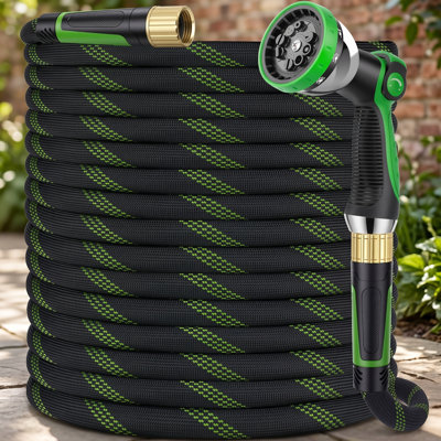 Tube d'eau de jardin pliable ultra-léger de 100 pieds non extensible, fabrication de tissu tissé à 96 brins, structure anti-torsion à double face à 360 °, buse de pulvérisation d'eau à 10 modes, fabrication étanche 500 PSI, munie d'une sangle de rangement