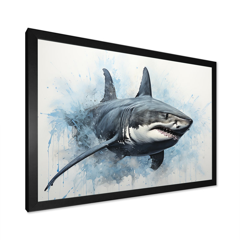 " Minimalism Blue Shark Painting I ", Black Single Picture Framed, 30" H x 40" W x 1.5" D