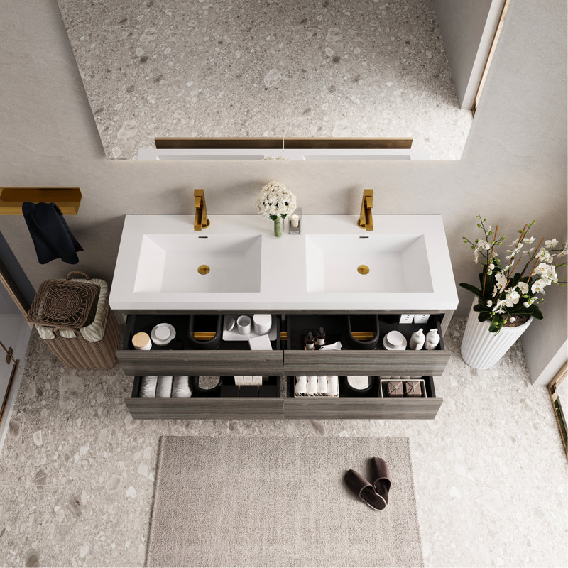 Meuble-lavabo de salle de bain à double cuve flottant gris cendré 60 po, spécifications de comptoir en résine de pierre, structure de tiroir à fermeture en douceur, base pré-assemblée pour une utilisation efficace, conception de volume de rangement en U, bois