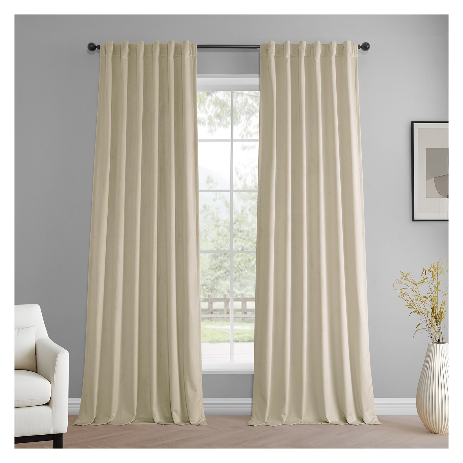 Winnette Velvet Room Darkening Curtain Panels (Set of 2) , Light Ivory, 50" W x 120" L