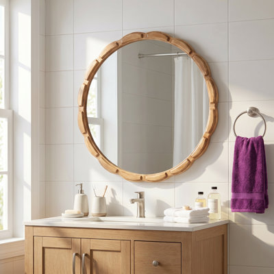 Solid Wood Round Wall Mirror, Decorative Vanity Bathroom Mirror