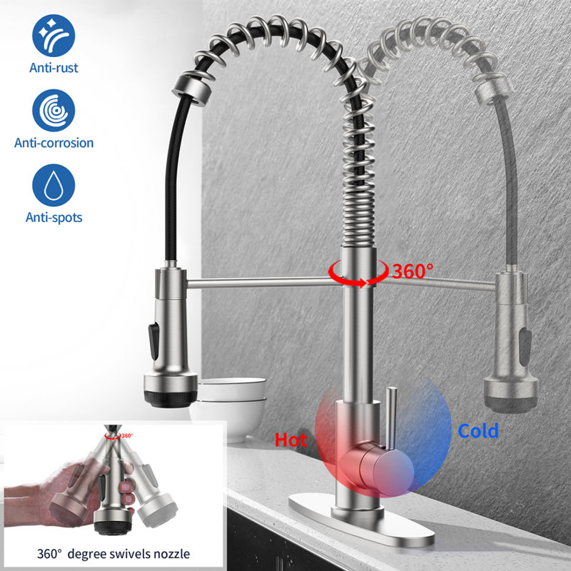 Robinet de cuisine avec douchette rétractable et 4 modes de pulvérisation Robinet d'évier de cuisine à poignée simple commercial Nickel brossé 1 ou 3 trous