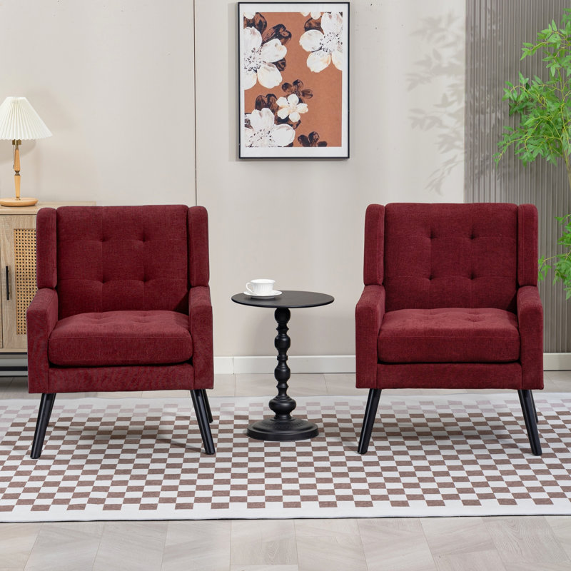 26.77" Mid-Century Modern Accent Chair With Linen Upholstery, Tufted Back And Black Solid Wood Legs(Set Of 2), Red