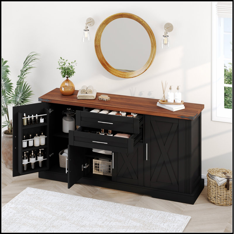 63-Inch Farmhouse Barn Door Storage Cabinet With 2 Drawers, Adjustable Shelves, And Door Rack For Versatile Home Organization