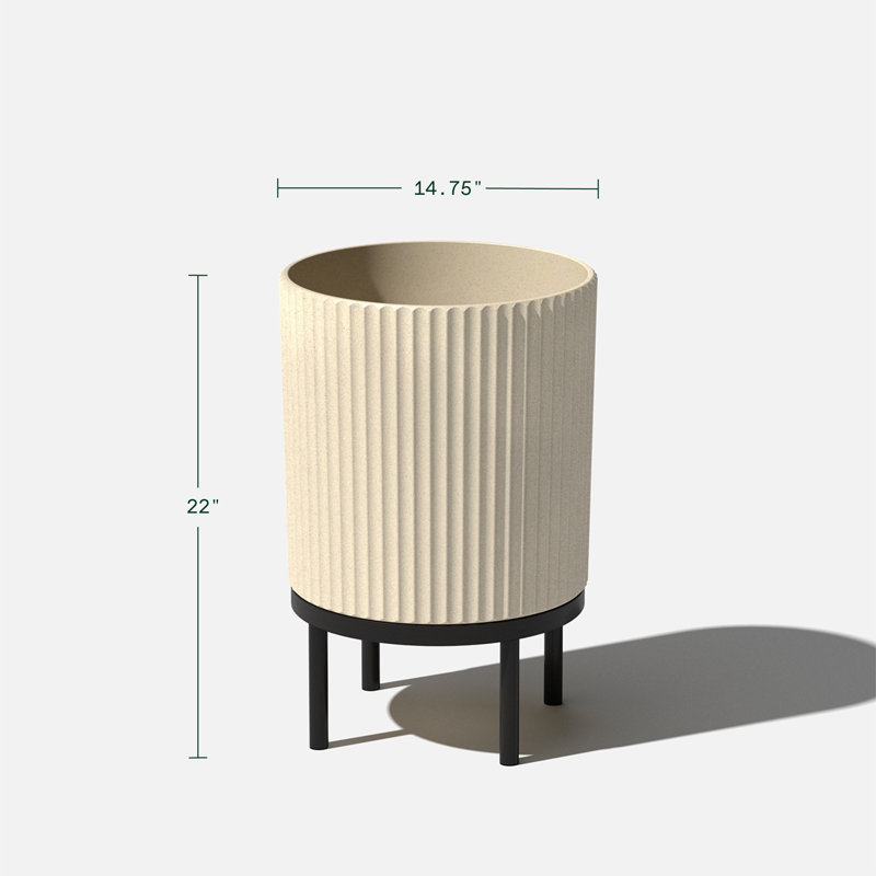 Sandstone and Black 16" Concrete-Composite Planter Set with Acacia Wood Stand