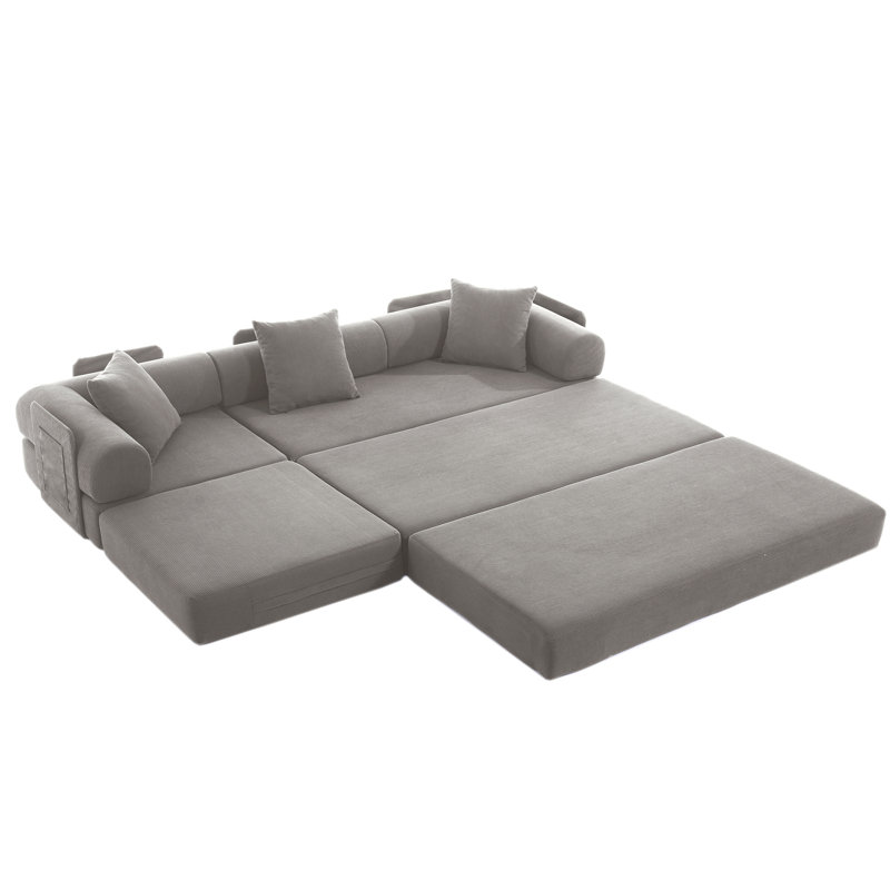 107'' Cloud Sofas, L-Shaped, 7-In-1 Corduroy Modular Sectional Sofa,Upholstered , No Assembly , Diy ,Folding Convertible Out Sofa Bed,Side Pocket,4-Seat