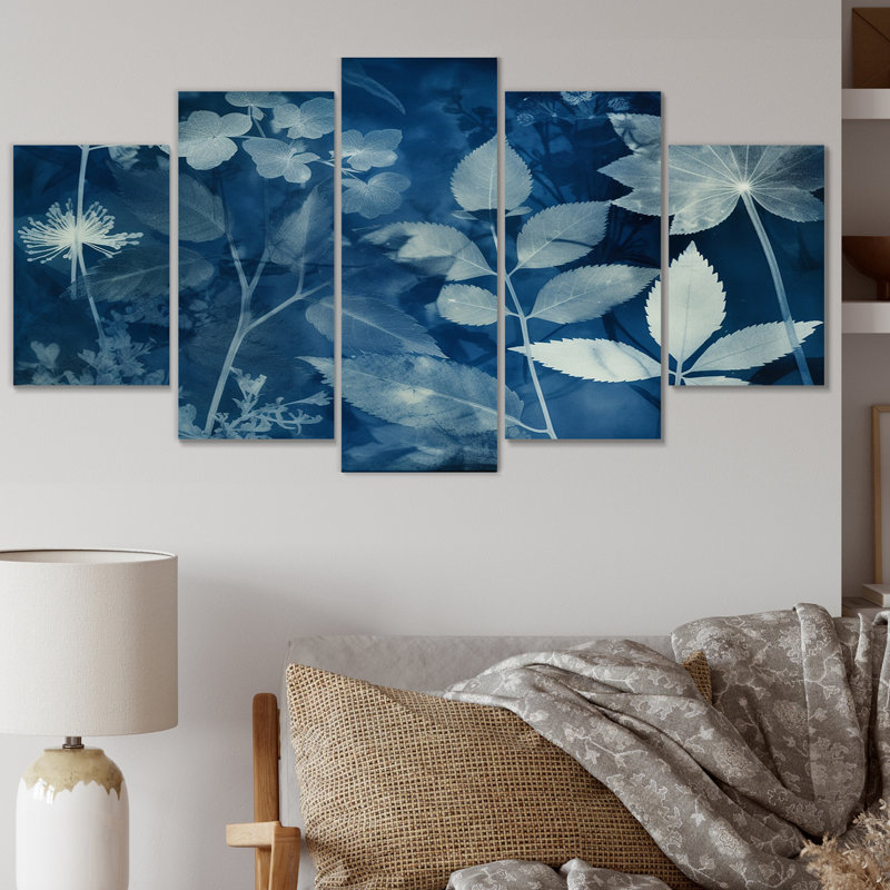 «Vintage Botanicals In Faded Retro Blue X - Décoration murale botanique abstraite - 5 panneaux