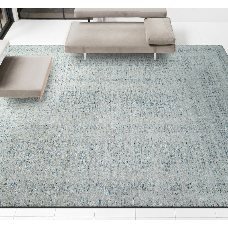 Tapis rectangulaire en laine / viscose noué à la main bleu / gris, Rectangle 10 pi x 14 pi