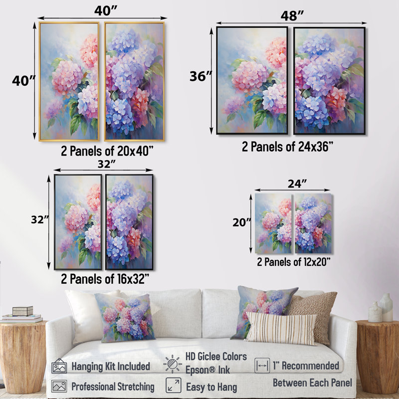 Impression romantique sur toile mauve, hydrangées roses et mauves, Cadre flottant, H 36 po x l 48 po, Doré
