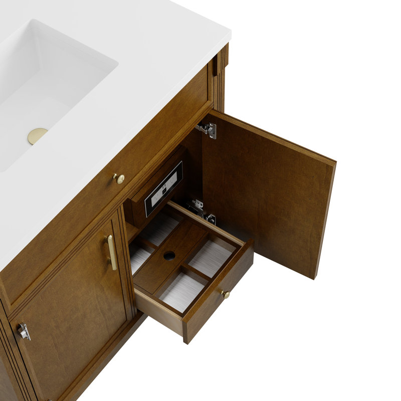 Bellshire 96" W Dual Vanity Set with 24" Make-Up Counter, White Zeus, Honey Oak, Single Faucet
