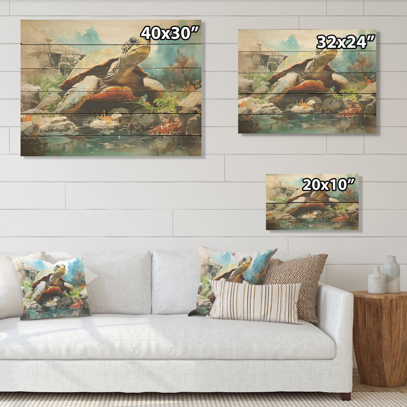 Contemporary Marine Life - Turtle Wood Panel Wall Art On Natural Pine Wood, 30" H x 40" W