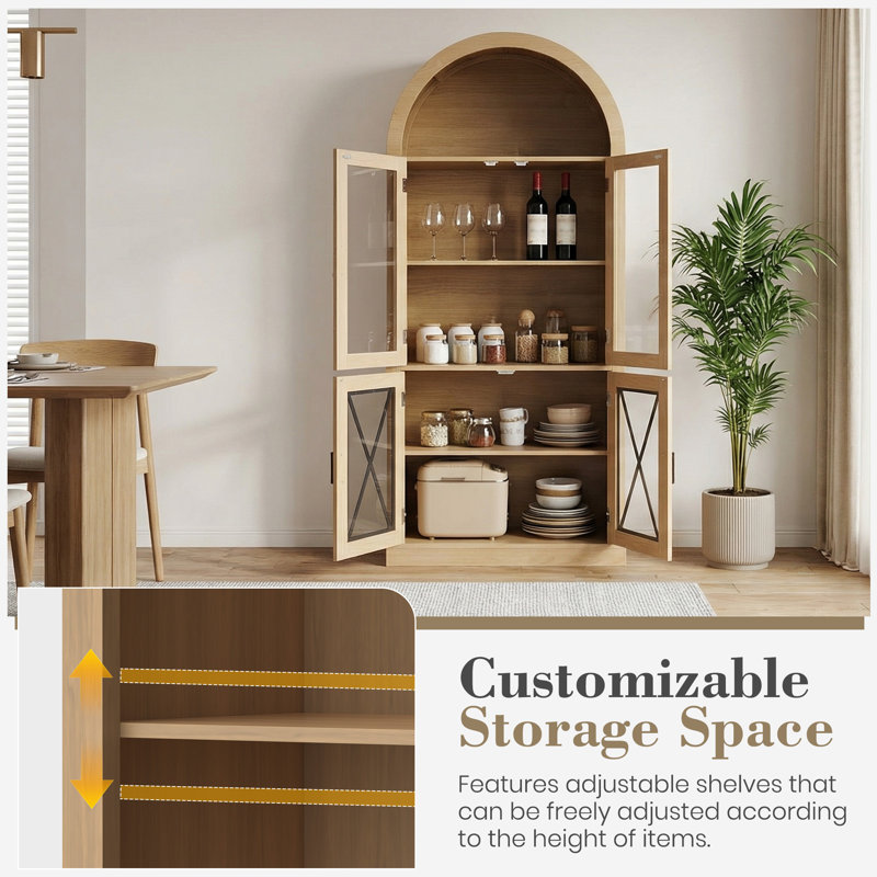 70" Tall Farmhouse Arched Display Cabinet With Led Lights And Glass Doors, Modern Storage Cabinet, Natural Wood, Natural Wood