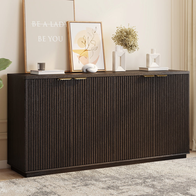 COCO DESIGN 63” Sideboard Fluted Buffet Cabinet With 4 Doors, Dark Gray, Gray
