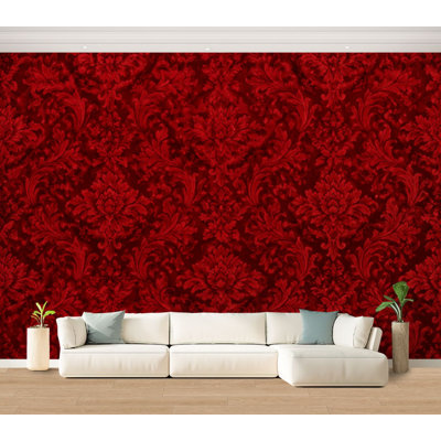Wall Mural Peel and Stick Wallpaper Elegant Red Floral Damask Vintage Ornamental Design Self-Adhesive Removable Contact Paper Wall Decor for Living Room Bedroom 100"H x 144"W