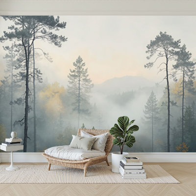 Papier peint adhésif auto-adhésif moderne l 96 po x H 69 po pour chambre à coucher Misty Forest Landscape Tall Pine Tones