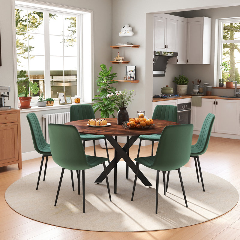 47in Round Dining Table Set, 7, Green, Brown