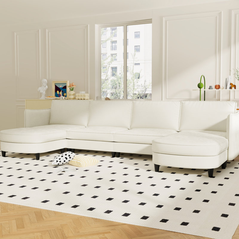 Grand 141,5 po 6 places en forme de U avec pochettes amovibles, conception moderne pour les espaces de vie, beige, peau respirante, ressorts ensachés, mousse haute, quincaillerie, 4 pieds, capacité de 1200 livres, convient