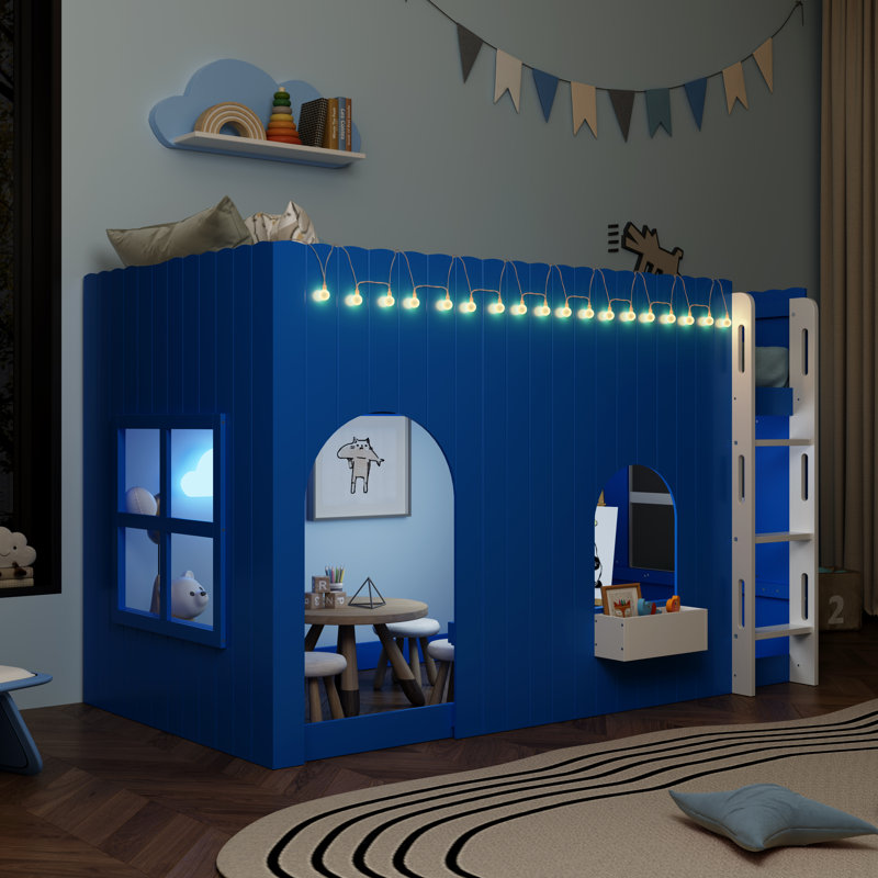 Twin Size Kids Loft Bed with Warm LED Light String, Klein Blue, Blue, Twin