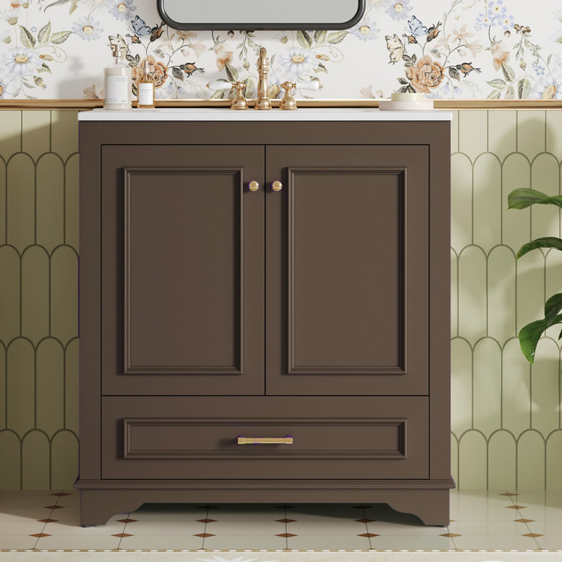 Meuble-lavabo de luxe 30 po avec comptoir en céramique, Brun