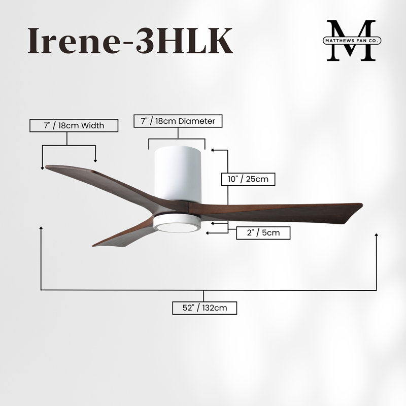 42" Irene 3-Blade Hugger Ceiling Fan with Wall Remote and Light Kit, Gloss White, 52", Walnut