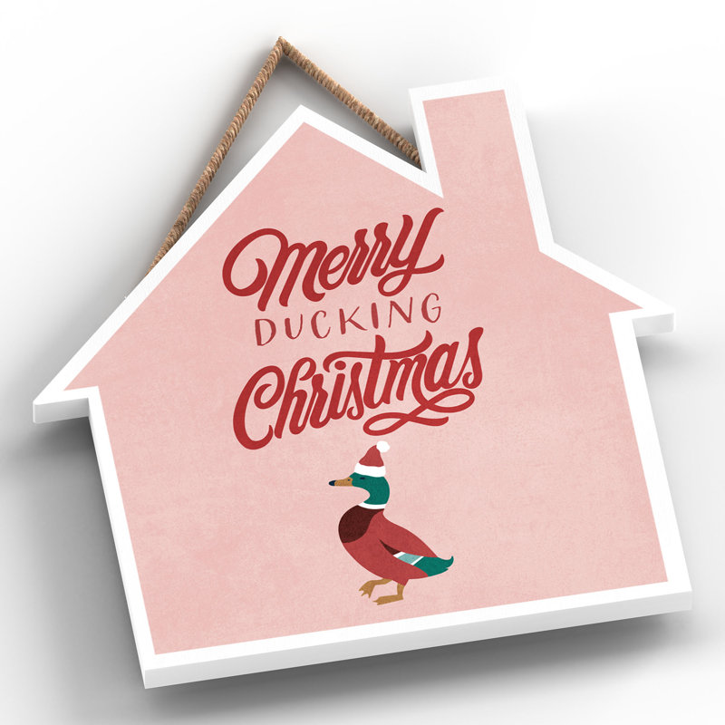 Xmas Merry Ducking Christmas Wooden House Plaque, 9.9cm H x 9.9cm W x 0.5cm D