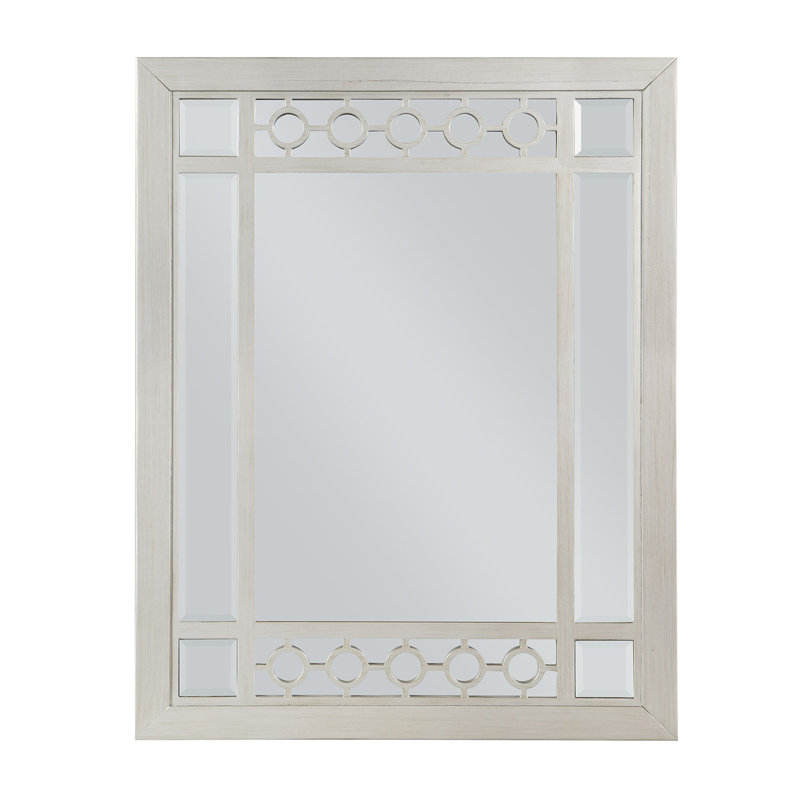 Miroir mural argenté à finition miroir avec cadre géométrique surélevé, polyvalent pour le salon