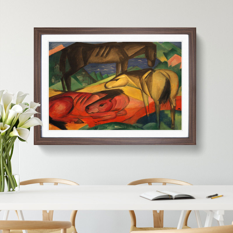 Three Horses by Franz Marc - Picture Frame Painting, 48cm H x 65cm W x 2cm D, Walnut