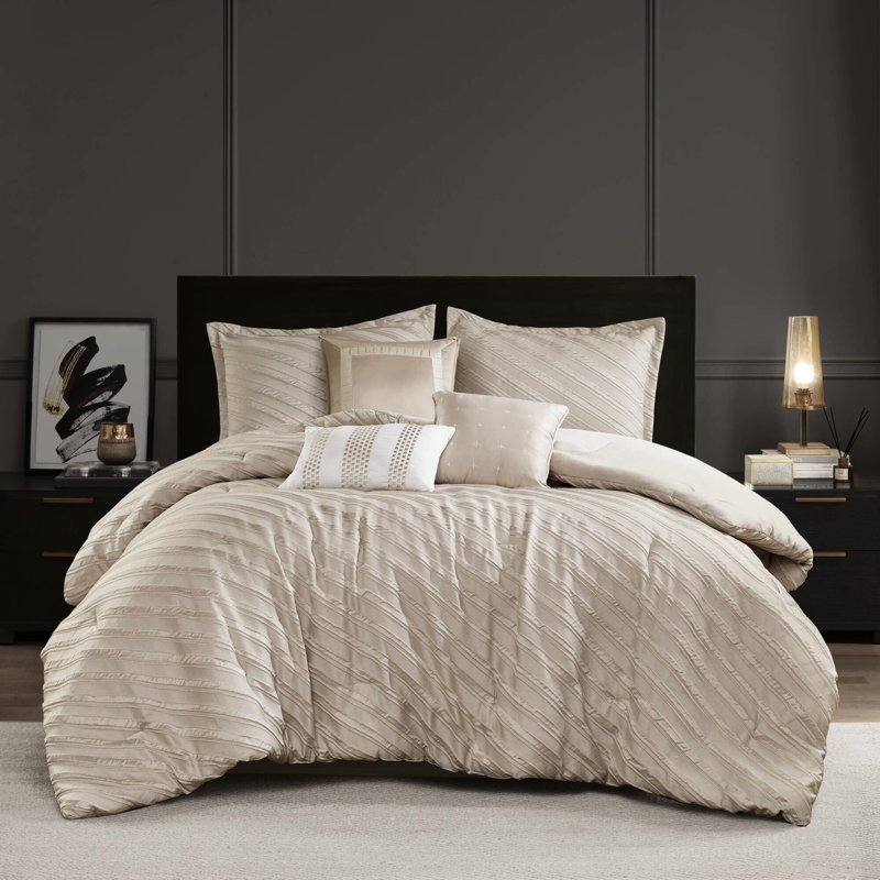 Édredon pour grand lit 7 pièces beige, élégance moderne transitionnelle avec diagonale, jupe de lit 15 pouces, moderne, de haute qualité et tout confort