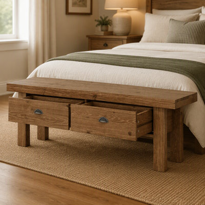 Banc d'entrée en bois massif de 140 cm, banc long de style campagnard, tabouret de bout de lit avec 2 tiroirs