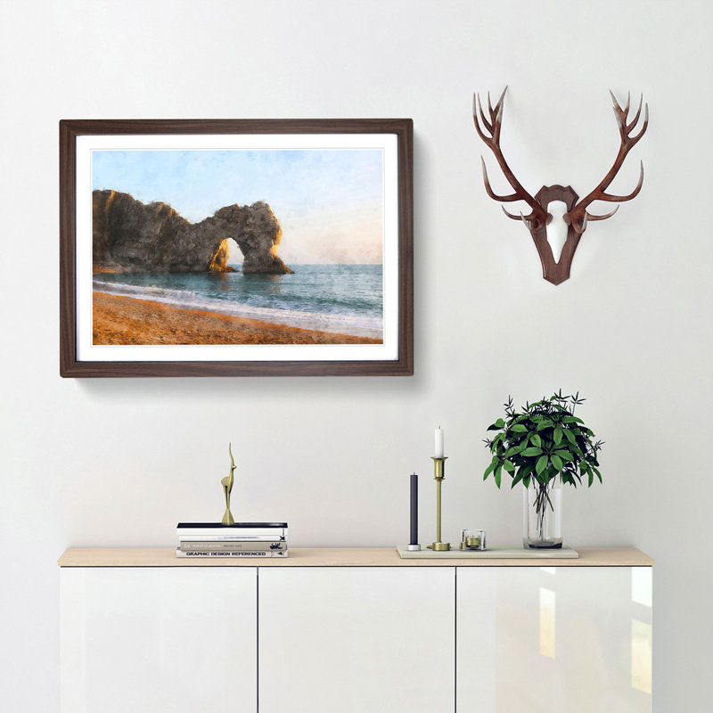 Durdle Door Cliffs at Sunset - Picture Frame Painting Print, 33cm H x 45cm W x 2cm D, Walnut Framed