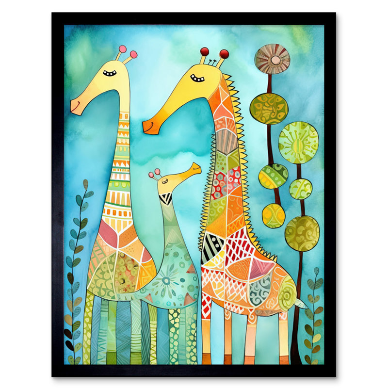 Folk Art Giraffes Fun Cute Kids Bedroom Painting Artwork Framed Wall Art Print 9X7 Inch