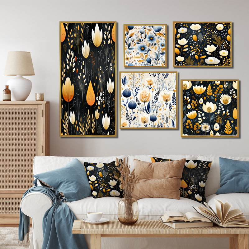 Motif floral artistique IV - ensemble de 5 impressions murales florales, Cadre flottant doré