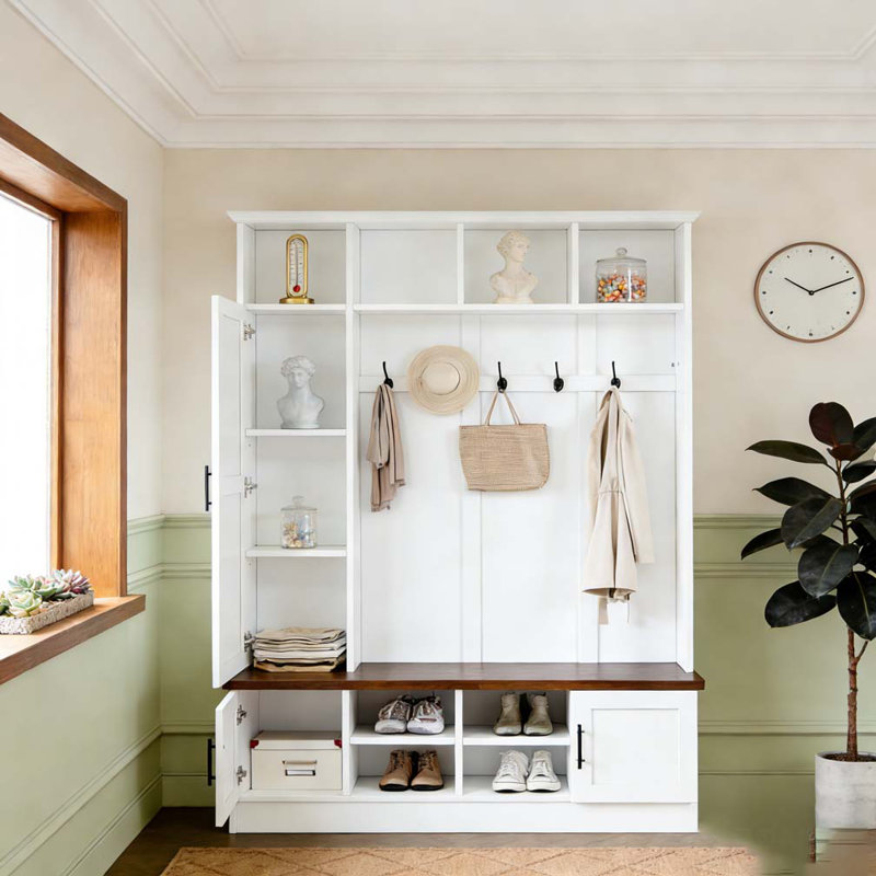 3-in-1 Hall Tree with 6 Hooks, Farmhouse Walnut Storage Bench with Adjustable Shelves, White